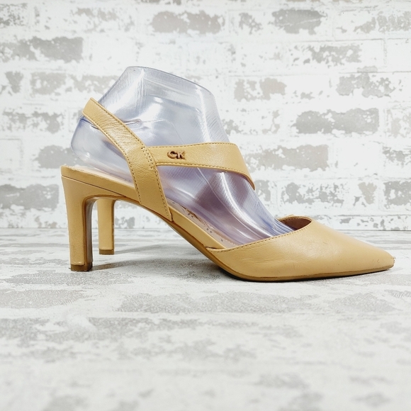 Calvin Klein Larin Leather Pointed Toe Tan Heeled Sandals O407 - Picture 5 of 16